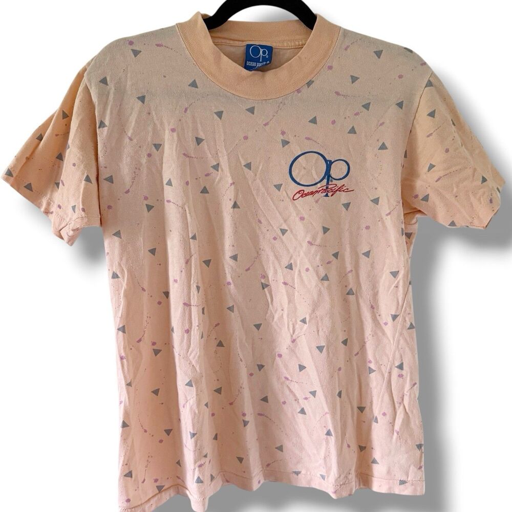 Vintage 80s OP Ocean Pacific Geometric Tee Shirt Top Single Stitch USA M Medium